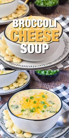 broccoli cheese soup in a bowl with crackers on the side