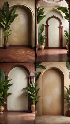 four different shots of a room with plants in pots and on the wall, along with an arched doorway