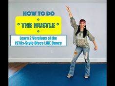 a woman standing on top of a blue floor in front of a sign that says how to do the hustle