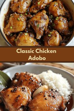 chicken adobo in a bowl with rice and sauce