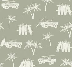 a green and white wallpaper with palm trees, surfboards and cars on it