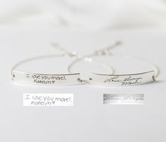 Signature Bracelet in Sterling Silver/Handwriting bracelet/Handwritten Bracelet/ Signature Jewelry/Bridesmaid Gift/ MOTHER'S GIFT BM20 by SilverHandwriting on Etsy https://www.etsy.com/listing/462252478/signature-bracelet-in-sterling Engraved Bar Bracelet, Custom Handwriting Jewelry, Handwriting Bracelet, Customized Bridesmaid Gifts, Engraved Handwriting, Treasure Jewelry, Handwriting Necklace, Handwriting Jewelry, Signature Bracelet