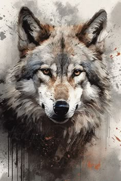 a painting of a wolf with brown eyes