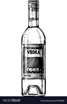 a bottle of vodka with the word vodka in black and white ink on a white background