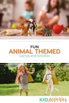 two children playing with toy animals in the grass and an animal themed book cover for kids activities