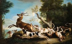 an image of a painting with dogs and deers in it's natural habitat