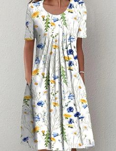 Women's A Line Dress Midi Dress White Short Sleeve Floral Pocket Print Spring Summer Round Neck Elegant Casual Vacation 2022 3XL Elegant Cotton Dress, Printed Casual Dresses, Cotton Blends Dress, Elegant Dresses For Women, Midi Dress Casual, Straight Dress, Crewneck Dress, Midi Short Sleeve Dress, Floral Fashion