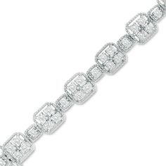 Make a statement with this exquisite diamond link bracelet. Crafted in cool 10K white gold, this gorgeous decorated design features sparkling diamond quartets in beaded cushion-shaped halo borders alternating with single diamonds in beaded square halo borders. Captivating with 2 cts. t.w. of diamonds and a brilliant buffed luster, this 7.0-inch bracelet secures with a tongue and groove clasp. Rectangular Diamond Tennis Bracelet With Accents, Rectangular Diamond Accent Bracelet For Wedding, Rectangular Diamond Cut Bracelet For Wedding, Wedding Diamond Bracelet With Rectangular Diamond Accents, Wedding Diamond Bracelet With Rectangular Accents, Rectangular Diamond Cut Wedding Bracelet, Diamond Tennis Bracelet For Wedding, Luxury Diamond Bracelets With Halo Setting, Rectangular Diamond Bracelet With Diamond Accents