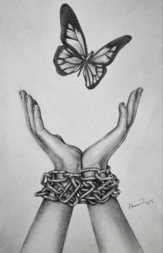 two hands with chains and a butterfly above them