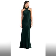 Draped Twist Halter Tie-Back Trumpet Gown The Color In The Photos Doesn’t Really Come Through It’s A Really Rich Dark Green. Perfect For Formal Gatherings And Special Occasions, This Maxi Column Dress Features A Flowing Modified Trumpet Skirt Designed In A Smooth Lux Charmeuse Fabric. Adding An Elegant Touch Is A Draped Twist Halter That Reveals The Shoulders, Reaching Around For A Self-Tie Closure. Above The Revealing Back Keyhole Rests A Large Sash Bow That Drape Loosely At The Back. Elegant Green Fitted Maxi Dress, Elegant Green Evening Gown, Green Maxi Dress With Fitted Bodice For Night Out, Sleeveless Green Gown For Night Out, Elegant Green Maxi Evening Dress, Green Sleeveless Gown For Night Out, Elegant Green Bridesmaid Maxi Dress, Elegant Green Evening Dress, Elegant Green Sleeveless Maxi Dress