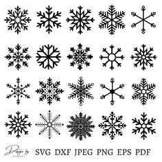 black and white snowflakes are shown in different sizes, shapes, and colors