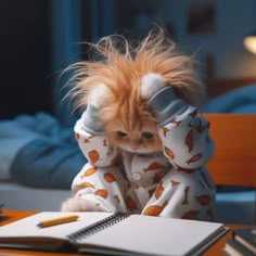 an orange cat sitting on top of a wooden table next to a notebook and pen