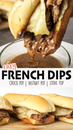 the french dip is being lifted from a sandwich