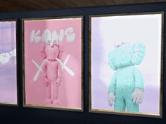 three framed pictures of pink and blue teddy bears