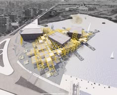 an artist's rendering of a yellow structure in the middle of a large body of water