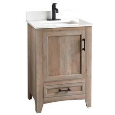 a bathroom vanity with a white sink and wood cabinetry on the side, against a white background