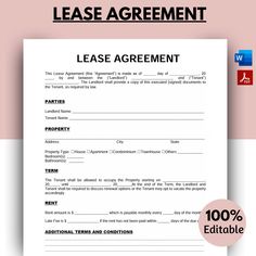 a printable rental agreement is shown with the words, leases and other items on it