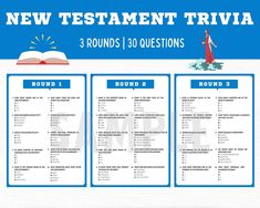 the new testament trivia for 3 rounds, 30 questions and round 2 answers are shown