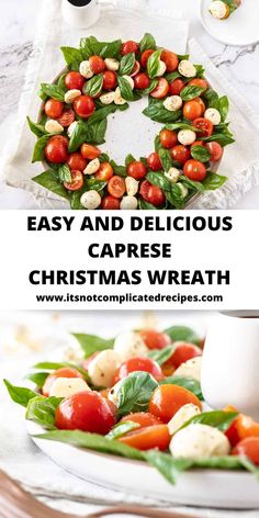 a christmas wreath made out of tomatoes and basil leaves on a plate with a cup of coffee