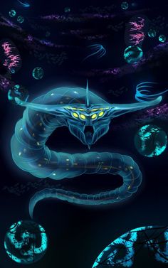 an image of a snake with glowing eyes in the night sky and planets around it