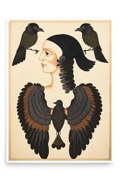 an image of a woman with two black birds on her head and one bird perched on her shoulder