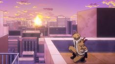 an anime scene with the sun setting in the background and buildings on the other side