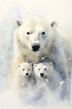 a polar bear and her two cubs in the snow with watercolng behind them