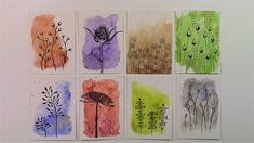 six cards with different designs on them, each featuring flowers and words in watercolor