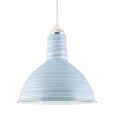 a blue and white striped light hanging from a ceiling