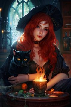 a woman with red hair holding a black cat in front of a cup on a table