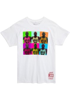 Show support for your favorite player in this Dennis Rodman Chicago Bulls Short Sleeve Fashion Player Tee! This White Fashion Player T Shirt features a screen print player graphic in pop art colors, so everyone will know you cheer for Chicago, Dennis Rodman! This is the perfect Fashion Player T Shirt for wearing from every day to game day. Go Bulls! Crew neck, Comfortable fabric, Woven Mitchell & Ness label at hem, Vibrant pop art screenprinted graphic, Officially licensed, Fit: True to Size White T-shirt With Front Print For Sports Events, Throwback Graphic Print Tops For Sports Events, Multicolor Logo Print T-shirt For Streetwear, Multicolor Streetwear Tops With Screen Print, Multicolor Screen Print Tops For Streetwear, Sporty Multicolor Graphic Print Top, Multicolor Sporty Top With Graphic Print, Multicolor Short Sleeve Sublimation Design For Fans, Fan Apparel Tops With Graphic Design For Sports Events