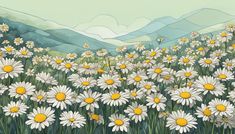 a painting of daisies in a field with mountains in the background