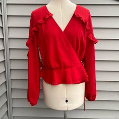 Nwt Gorgeous Ruffle Detailing Along Arms Perfect Red Color Let Me Know If You Have Any Questions!!(: Chic Red Blouse For Brunch, Trendy Red Blouse For Brunch, Red Wrap Top, Spring Floral Blouse, Lace Peplum Blouse, White Boho Tops, Maroon Top, Navy Blue Tie, Pocket Blouse