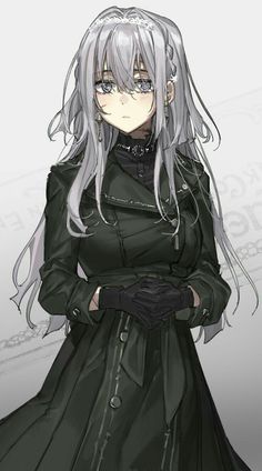 an anime character with long white hair wearing a black coat and gloves, standing in front of