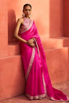 Rani saree with marodi, mirror, salma embroidered border. Paired with halter neck embroidered blouse. - Aza Fashions Punit Balana, Pink Blouse Designs, Saree Jackets, Kanjivaram Sarees Silk, Simple Saree Designs, New Saree Blouse Designs, Lehnga Dress, Border Saree, Simple Sarees