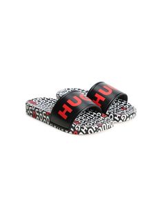 black/white/flame red monogram pattern logo print to the front round open toe slip-on style flat rubber sole Casual Black Slides With Logo, Black Slides With Logo For Summer, Black Logo Slides For Summer, Summer Slide Sandals With Logo Print, Logo Print Slip-on Sandals For Summer, Black Slides With Logo, Black Logo Slides, Slip-on Sandals With Logo Print For Summer, Summer Slip-on Sandals With Logo Print