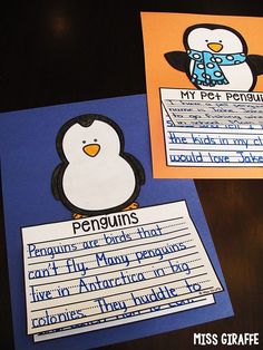 two penguin themed writing activities for kids to practice their handwriting and spelling skills with penguins