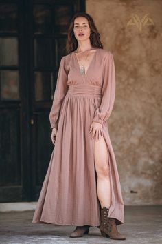 This autumn boho dress is crafted with soft cotton in dusty rose colour. Featuring pleated detail on the waist, this long sleeve maxi dress will give you a perfect silhouette. This is a sophisticated, simple, timeless but also somehow contemporary garment. Wear this dusty rose dress for your leisurely life. This boho dress is available in other colours: Off-White: https://www.etsy.com/listing/887258793 ♡ FABRIC DETAILS ♡ Dusty Rose organically dyed cotton Our experience showed that customers kee Bohemian Mauve V-neck Dress, Mauve Bohemian Flowy Dress, Dusty Rose Colour, Boho Dress Fall, Bohemian Dresses Long, Bridesmaid Dresses Boho, A Line Maxi Dress, Maxi Dresses Fall, Ceremony Dresses