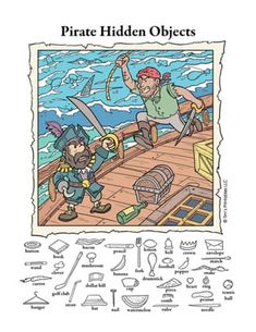 the pirate hidden objects coloring book is shown with an image of two men on a ship