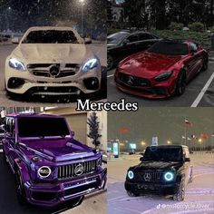 four different colored mercedess are shown in this collage with the words mercedes on them