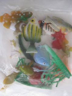 plastic fish and sea life in a bag