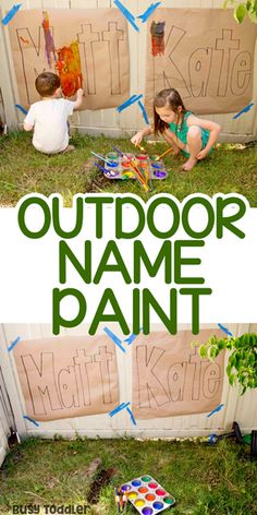 two children are playing outside with their name paintings