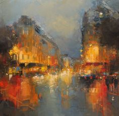 an oil painting of a city street at night