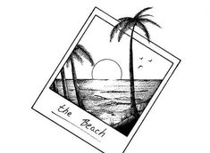 an ink drawing of palm trees and the ocean