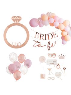 the bride to be party kit includes balloons, rings and confetti for a bridal