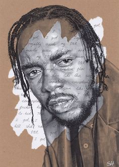 a drawing of a man with dreadlocks on his head and handwritten text behind him