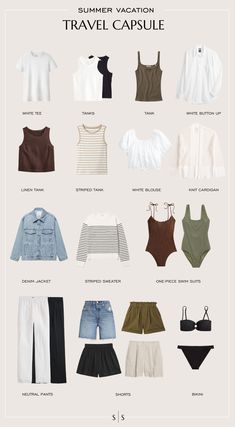 Summer Staples Capsule Wardrobe + Bonus Travel Edition | the Sarah Stories Traveling In Style, Spring Carry On Travel Wardrobe, Holiday Looks For Women Summer, Thai Travel Outfit, Summer Packing Outfits, Summer Travelling Outfits, 1 Week Summer Travel Outfits, Traveling Capsule Wardrobe