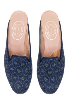 Our Bath Needlepoint Mule features a Patterned Needlepoint Upper with a Navy Grosgrain Trim. Meticulously Hand-crafted in Spain. Leather lined to provide additional support and comfort. The stacked wooden heel is .75 inches in height Leather soled. True to American sizing. Stubbs And Wootton, Linen Slippers, Backyard Picnic, Heeled Espadrilles, Classic Slippers, Monogram Tote Bags, Women's Espadrilles, Monogram Tote, Shoe Tree