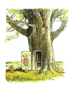 a drawing of a person standing in front of a tree with a refrigerator under it