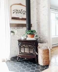 a living room with a wood stove and potted plants